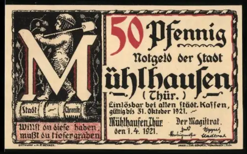Notgeld Mühlhausen /Thür. 1921, 50 Pfennig, Bergarbeiter mit Spitzhacke und Luther-Schreiben von 1526