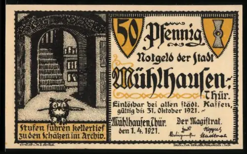 Notgeld Mühlhausen /Thür. 1921, 50 Pfennig, Archivtreppe und kaiserlicher Erlass von Karl V