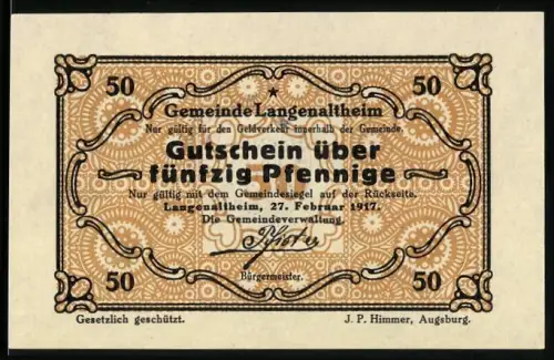Notgeld Langenaltheim 1917, 50 Pfennig, dekoratives Muster mit Gemeindesiegel