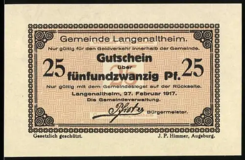 Notgeld Langenaltheim 1917, 25 Pfennig, Gutschein mit Gemeindesiegel