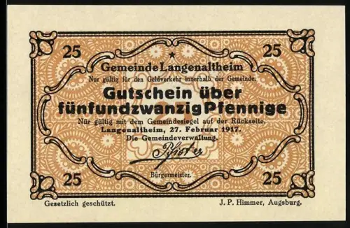 Notgeld Langenaltheim 1917, 25 Pfennig, Verzierte Ornamente und Gemeinde-Siegel