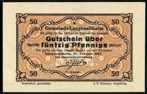 Notgeld Langenaltheim 1917, 50 Pfennig, verzierte Muster und Gemeindesiegel