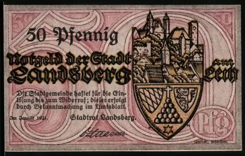 Notgeld Landsberg am Lech 1921, 50 Pfennig, Ortsansicht und Festumzug