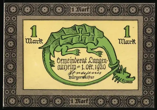 Notgeld Langenaltheim 1920, 1 Mark, Drache und Fossilienmotiven