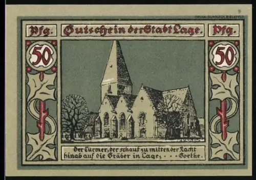 Notgeld Lage i. Lippe 1921, 50 Pfennig, Kirche und Wappen