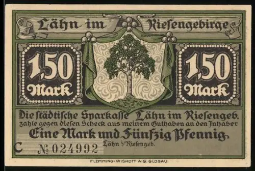 Notgeld Lähn /Riesengeb. 1922, 1,50 Mark, Baum und Ortsansicht nach Abzug der Franzosen 1813