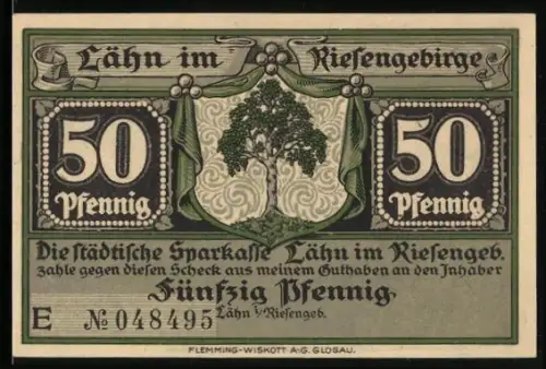 Notgeld Lähn i. Riesengeb., 50 Pfennig, Baum und Burg Lehnhaus 1646 mit Figuren