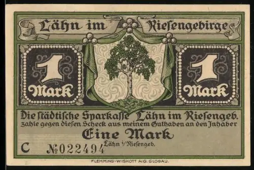 Notgeld Lähn i. Riesengeb., 1 Mark, Baum und Friedrich der Grosse im Jahr 1766