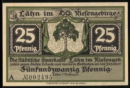 Notgeld Lähn i. Riesengeb., 25 Pfennig, Baum mit Wappen und mittelalterliche Landschaftsszene