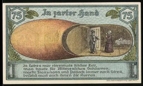 Notgeld Labes i. Pom. 1921, 75 Pfennig, In zarter Hand mit Wappen und Hirschmotiv