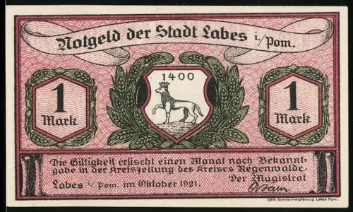 Notgeld Labes i. Pom. 1921, 1 Mark, Wappen mit Hirsch und Marktszene