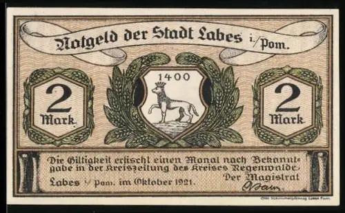 Notgeld Labes i. Pom. 1921, 2 Mark, Wappen und Schuhmacher mit Schuhen
