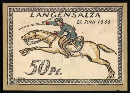 Notgeld Langensalza 1921, 50 Pfennig, Reiter mit Säbel und Stadtwappen mit drei Türmen