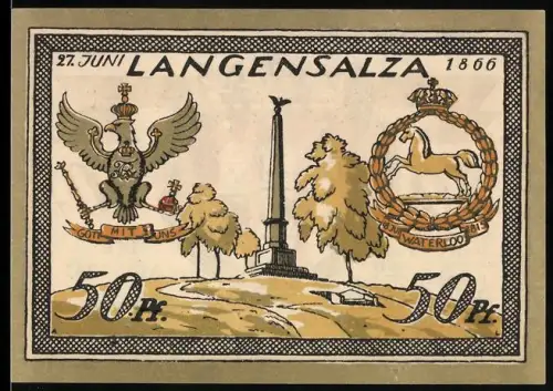 Notgeld Langensalza 1921, 50 Pfennig, Obelisk und Wappen mit Adler und Pferd