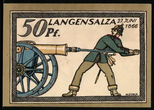 Notgeld Langensalza 1921, 50 Pfennig, Soldat mit Kanone und Stadtwappen mit Türmen