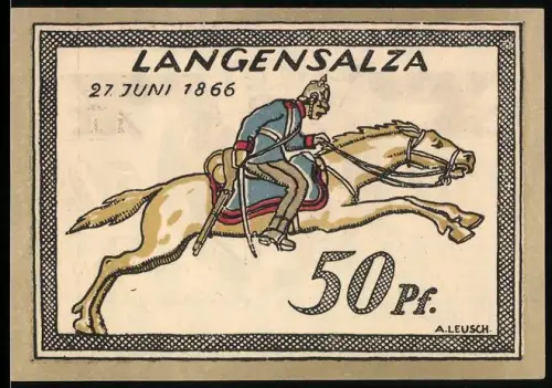 Notgeld Langensalza 1921, 50 Pfennig, Reiter und Stadtwappen mit Türmen