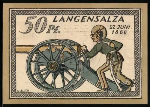 Notgeld Langensalza 1921, 50 Pfennig, Soldat mit Kanone und Stadtwappen mit drei Türmen