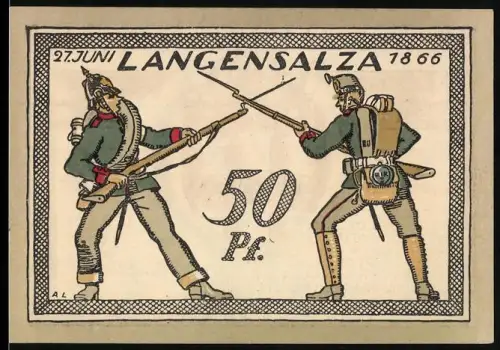 Notgeld Langensalza 1921, 50 Pfennig, Soldaten im Kampf und Stadtwappen