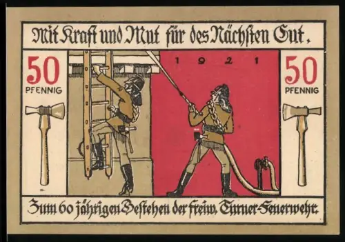 Notgeld Langensalza 1921, 50 Pfennig, Feuerwehrleute mit Leiter und Schlauch, Stadtwappen mit Türmen