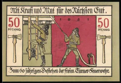 Notgeld Langensalza 1921, 50 Pfennig, Feuerwehrmotiv und Wappen mit drei Türmen