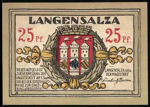 Notgeld Langensalza 1921, 25 Pfennig, Wappen mit drei Türmen und Storchennest-Motiv