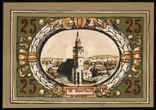 Notgeld Langensalza 1921, 25 Pfennig, Ortsansicht mit Kirche und Wappen mit Türmen und Kranz