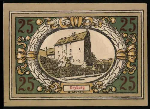 Notgeld Langensalza 1921, 25 Pfennig, Abbildung einer Burg und Wappen mit Türmen und Schildemblem