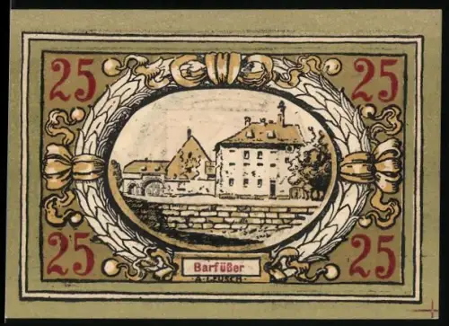 Notgeld Langensalza 1921, 25 Pfennig, Gebäudeansicht und Wappen mit Türmen und Löwen