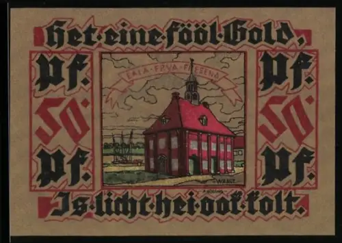 Notgeld Leer 1921, 50 Pfennig, Rathaus und friesische Tracht