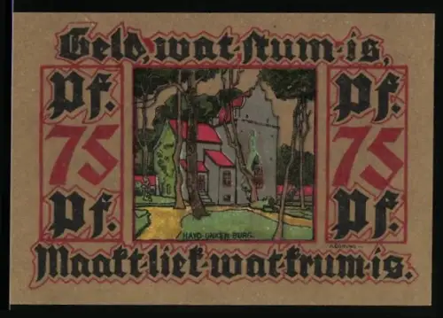 Notgeld Leer 1921, 75 Pfennig, Hayo-Jansen-Burg und Frau in Tracht