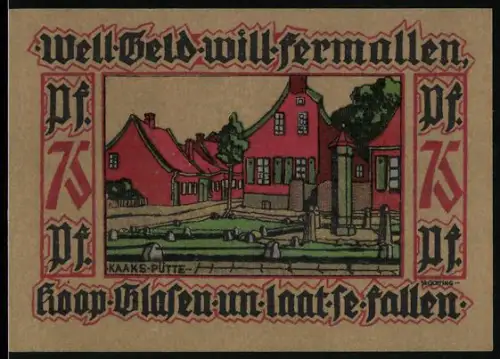 Notgeld Leer i. Ostfriesland 1921, 75 Pfennig, historische Gebäude und Frau in Tracht