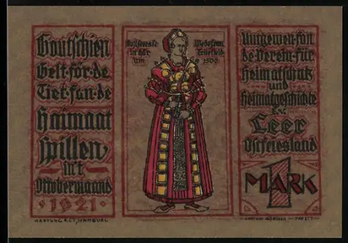 Notgeld Leer 1921, 1 Mark, Frau in Tracht und Loga-Mühle