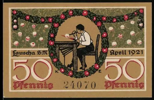 Notgeld Lauscha 1921, 50 Pfennig, Glasbläser bei der Arbeit und Haus mit Weihnachtsbäumen