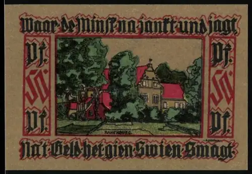 Notgeld Leer 1921, 50 Pfennig, Gebäude und Frau in Tracht