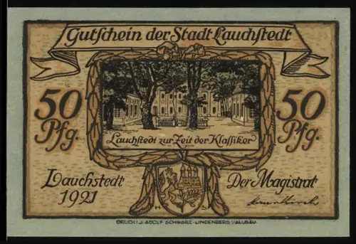 Notgeld Lauchstedt 1921, 50 Pfennig, Gebäude und Porträts berühmter Persönlichkeiten der klassischen Zeit