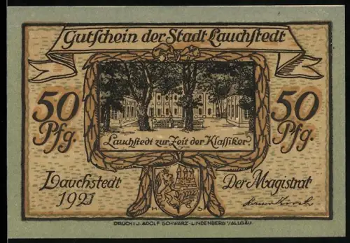 Notgeld Lauchstedt 1921, 50 Pfennig, klassisches Gebäude und berühmte Persönlichkeiten