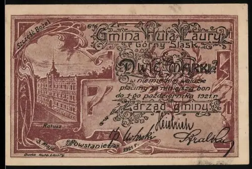 Notgeld Laurahütte /O. S. 1921, 2 Mark, Rathaus und verzierte Schriftzüge