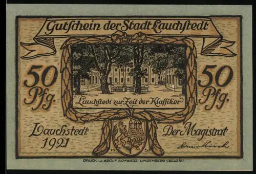 Notgeld Lauchstedt 1921, 50 Pfennig, Klassikermotive mit Goethe und Schiller