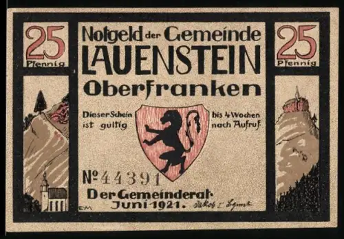 Notgeld Lauenstein /Oberfranken 1921, 25 Pfennig, Löwe im Wappen und Burg auf Felsen