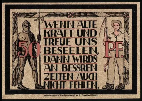 Notgeld Lauenstein, 50 Pfennig, Ritter und Landarbeiter mit Burgmotiv