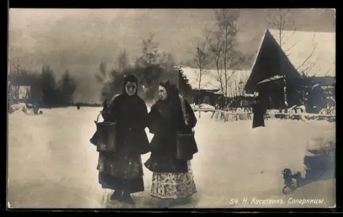 Künstler-AK sign. N. Kasatkin, Frauen in einem verschneiten Dorf