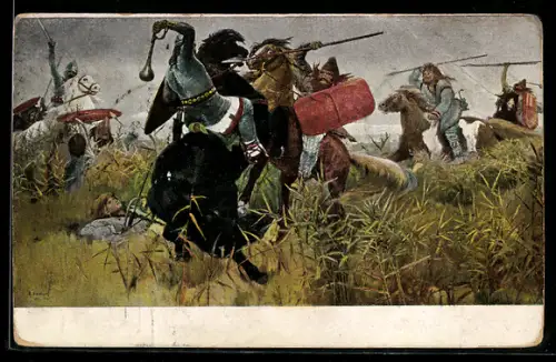 Künstler-AK sign. W. M. Wasnetzoff, Combat des Russes avec les Sythes