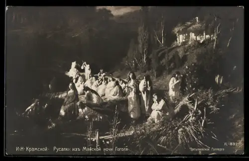 Künstler-AK sign. I. N. Kramskoy, Weibliche Wassergeister in Gogols Maiennacht