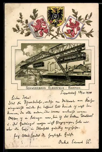 Passepartout-Lithographie Elberfeld-Barmen, Schwebebahn, Wappen