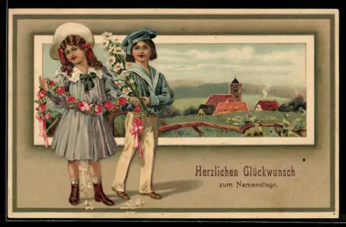 AK Kinder mit Blumenkränzen, Namenstag