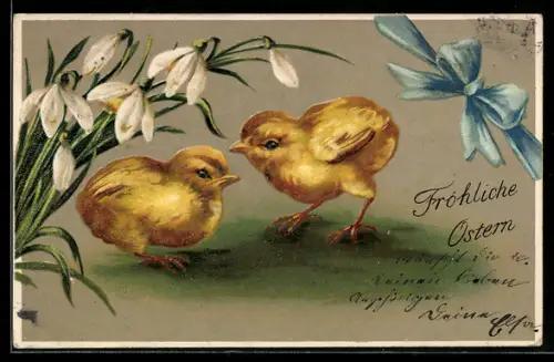 Präge-AK Fröhliche Ostern, Osterküken und Schneeglöckchen