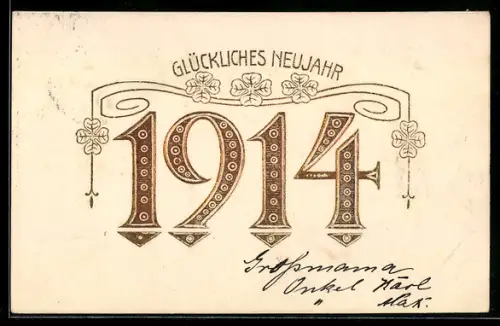 Präge-AK Jahreszahl 1914 mit Kleeblättern