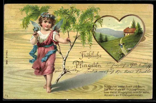 Lithographie Engel mit Birkenzweig, Frühlingslandschaft im Herz, Pfingsten