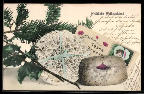 AK Gebäckstücke und Grusskarte zu Weihnachten