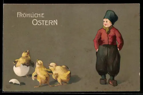 AK Drei kleine Osterküken und ein Kind